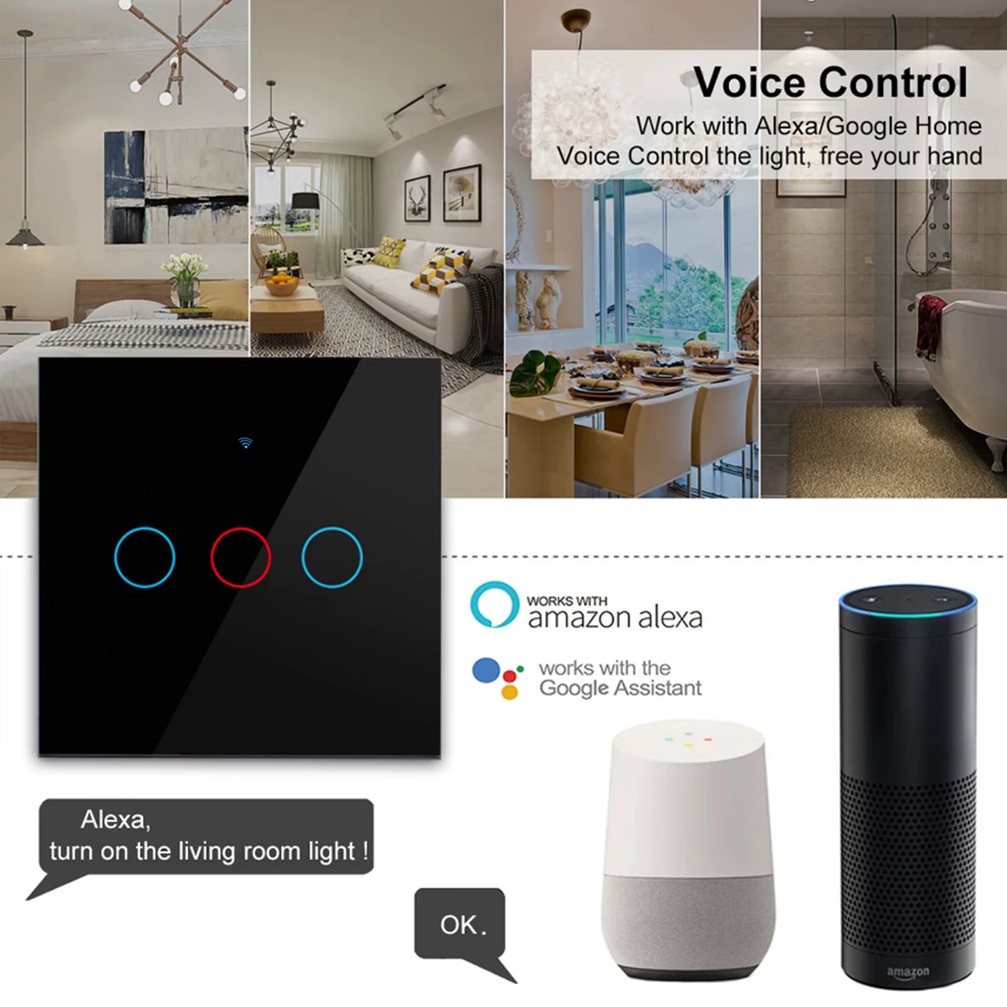 For TUYA Smart Switch Wifi RF433 White Touch Wall Switch EU Standard Timing No Neutral Wire Needed Alexa Google Home App Control