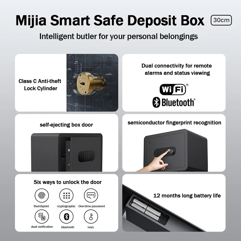 New MIJIA Smart Safe Deposit Box Fingerprint Unlock Work with Mijia App 65Mn Anti-Drilling Steel Plate Vibration Warning