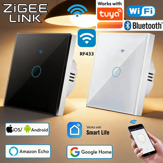 For TUYA Smart Switch Wifi RF433 White Touch Wall Switch EU Standard Timing No Neutral Wire Needed Alexa Google Home App Control