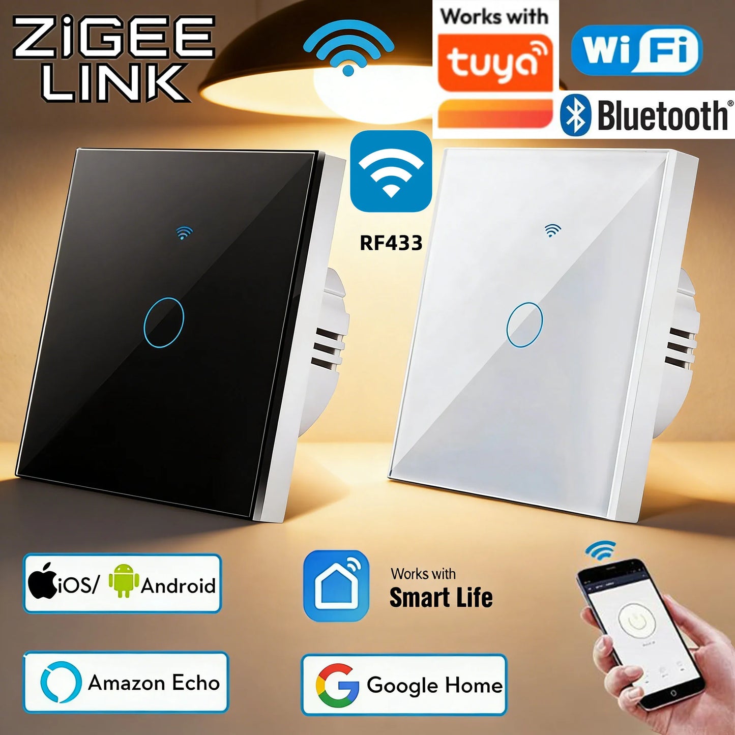 For TUYA Smart Switch Wifi RF433 White Touch Wall Switch EU Standard Timing No Neutral Wire Needed Alexa Google Home App Control