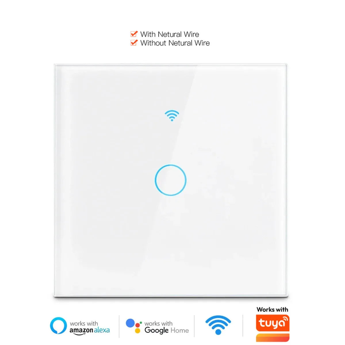 For TUYA Smart Switch Wifi RF433 White Touch Wall Switch EU Standard Timing No Neutral Wire Needed Alexa Google Home App Control
