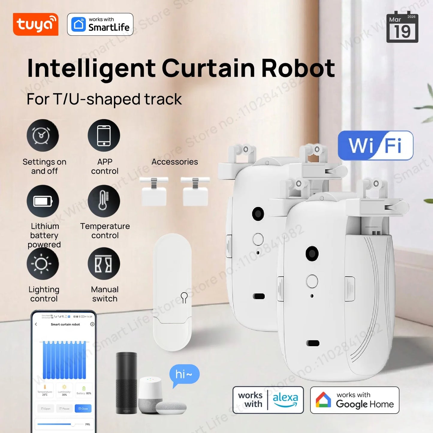 Tuya Smart Wi-Fi Curtain Robot T&U Rail w/Gateway Remote App&Voice Control（Alexa/Google）10M Track 8KG Double Open