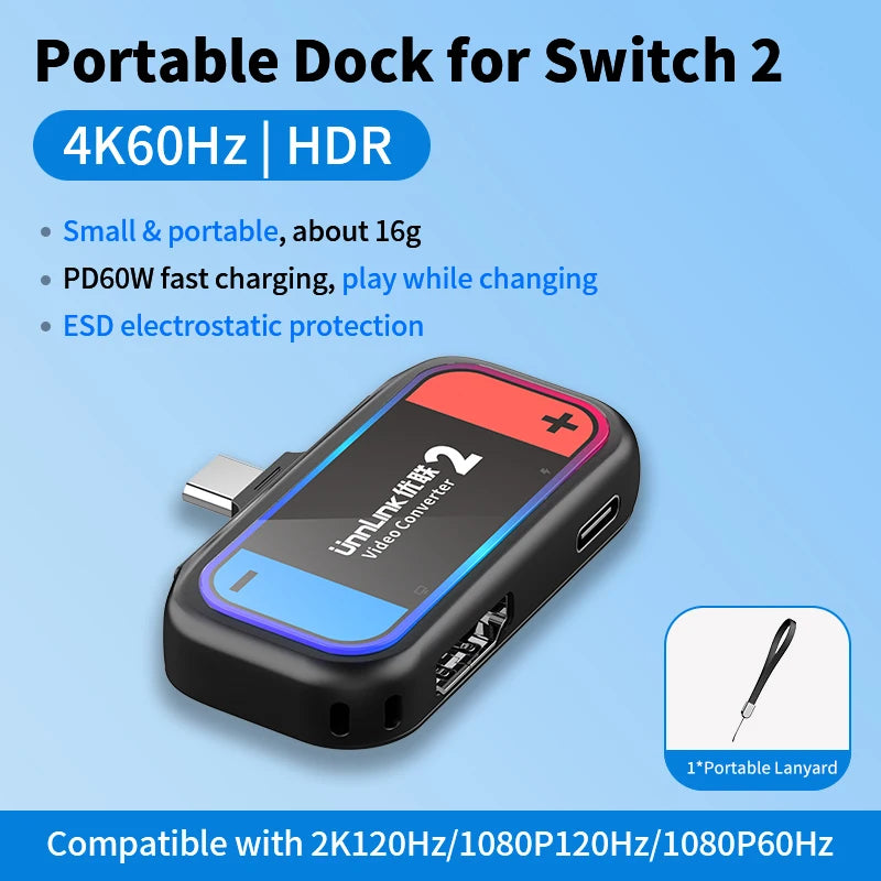 Unnlink Portable Docking Station for Nintendo Switch 2, Mini Travel Dock with 4K HDMI Output & PD Charging for NS2 to TV/Monitor