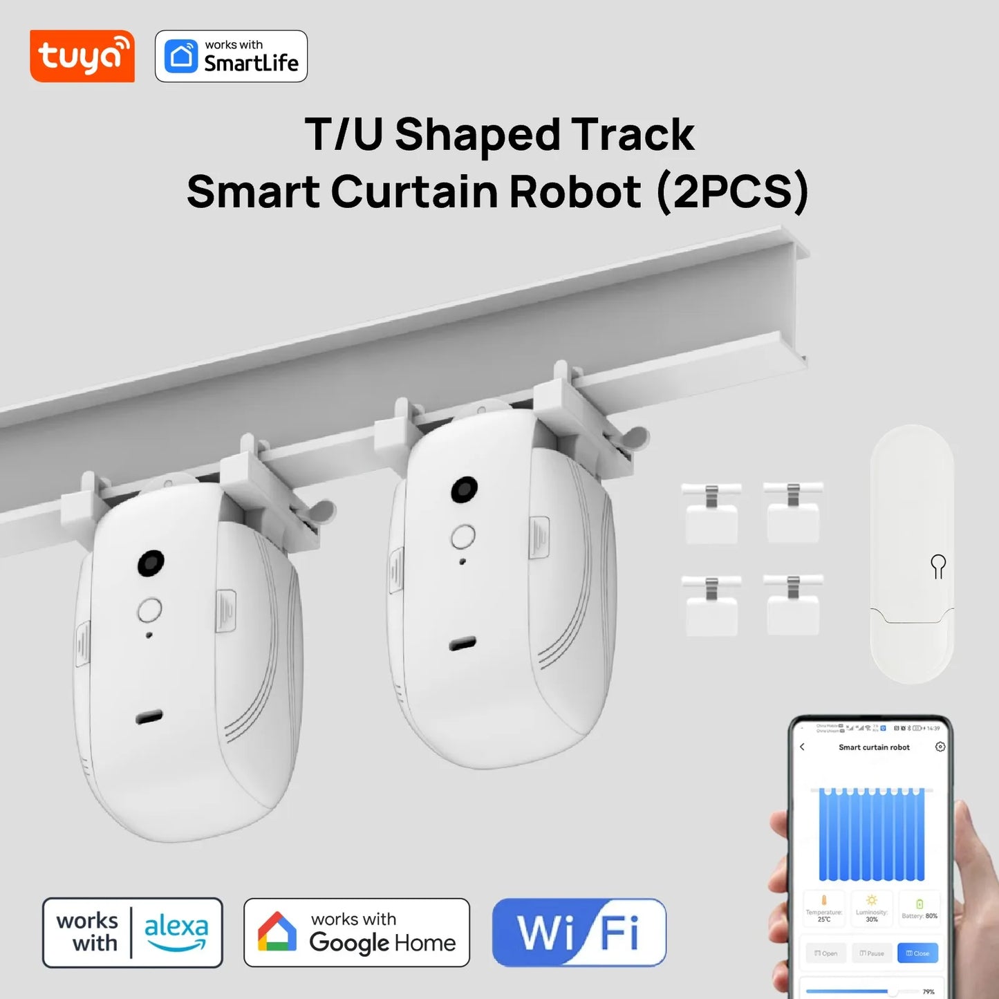Tuya Smart Wi-Fi Curtain Robot T&U Rail w/Gateway Remote App&Voice Control（Alexa/Google）10M Track 8KG Double Open