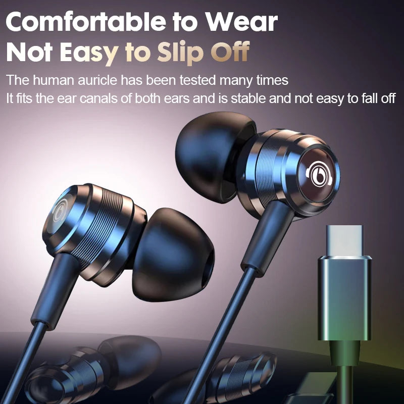 J109 Wired Earbuds Superior Sound Quality In-Ear Headphones with Type-C & 3.5mm Jack HiFi Stereo Metal Headphones with Mic