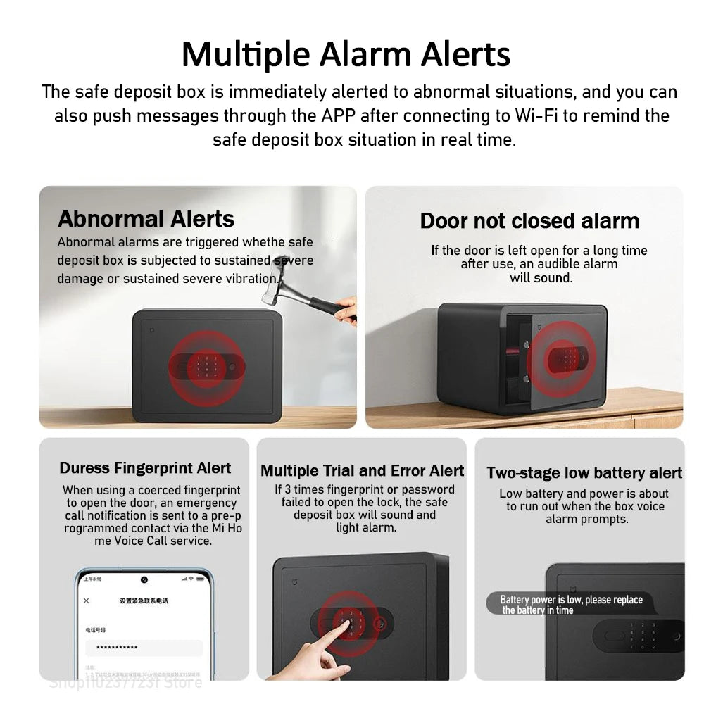 New MIJIA Smart Safe Deposit Box Fingerprint Unlock Work with Mijia App 65Mn Anti-Drilling Steel Plate Vibration Warning