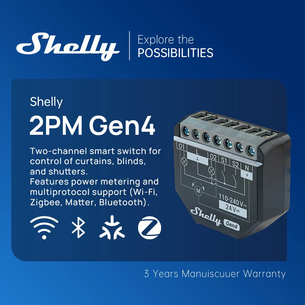 Shelly 2PM Gen4 Zigbee 2 Channel Smart Switch Matter Control Curtains Nlinds Power Metering Compatible Alexa Homekit Google Home