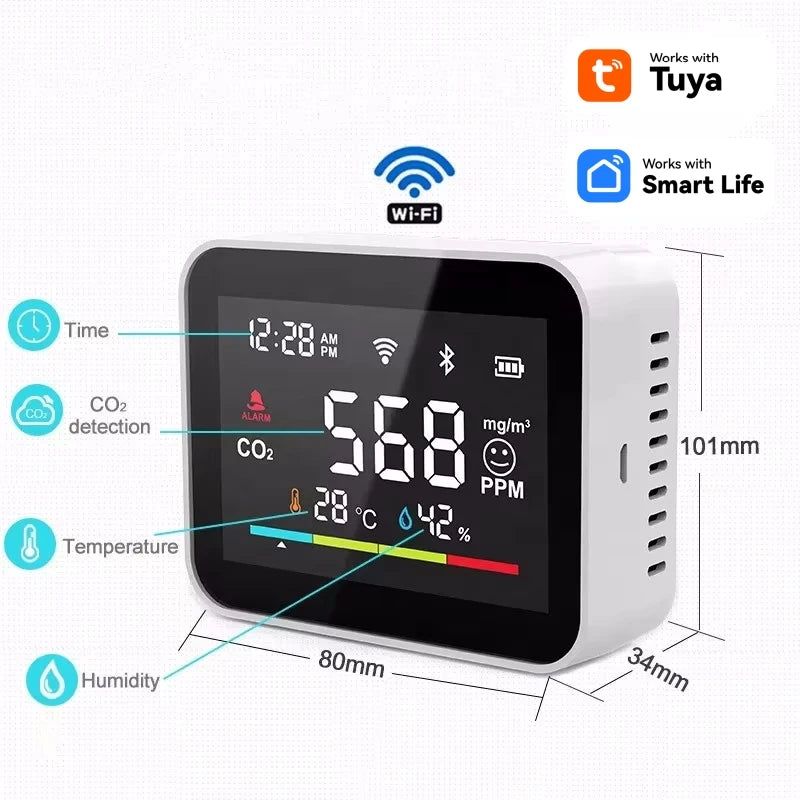 Tuya WI-FI Smart Co2 Meter Box Accurate Real Time Indoor Smoke Alarm Detector for Ventilatie Corona Safety Carbon Dioxide Sensor