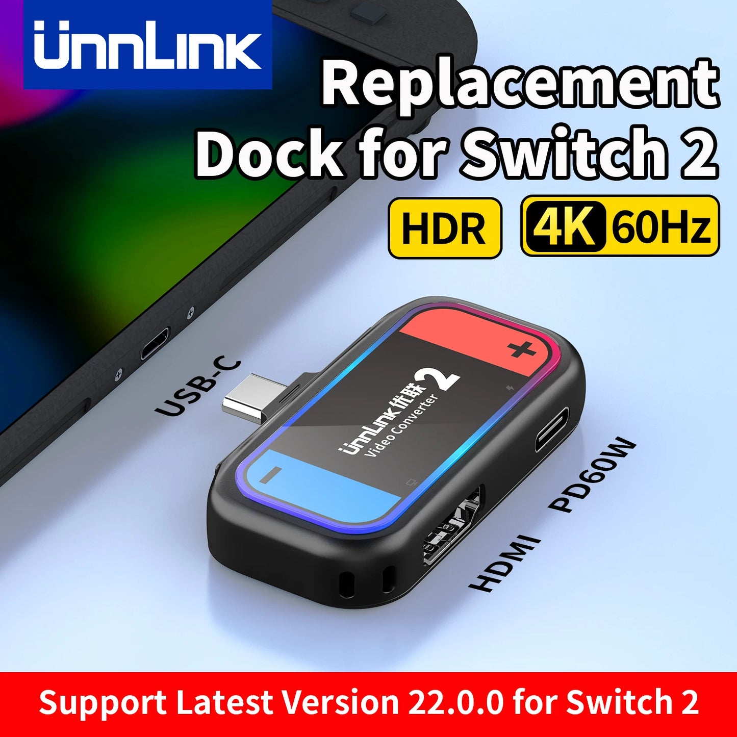 Unnlink Portable Docking Station for Nintendo Switch 2, Mini Travel Dock with 4K HDMI Output & PD Charging for NS2 to TV/Monitor