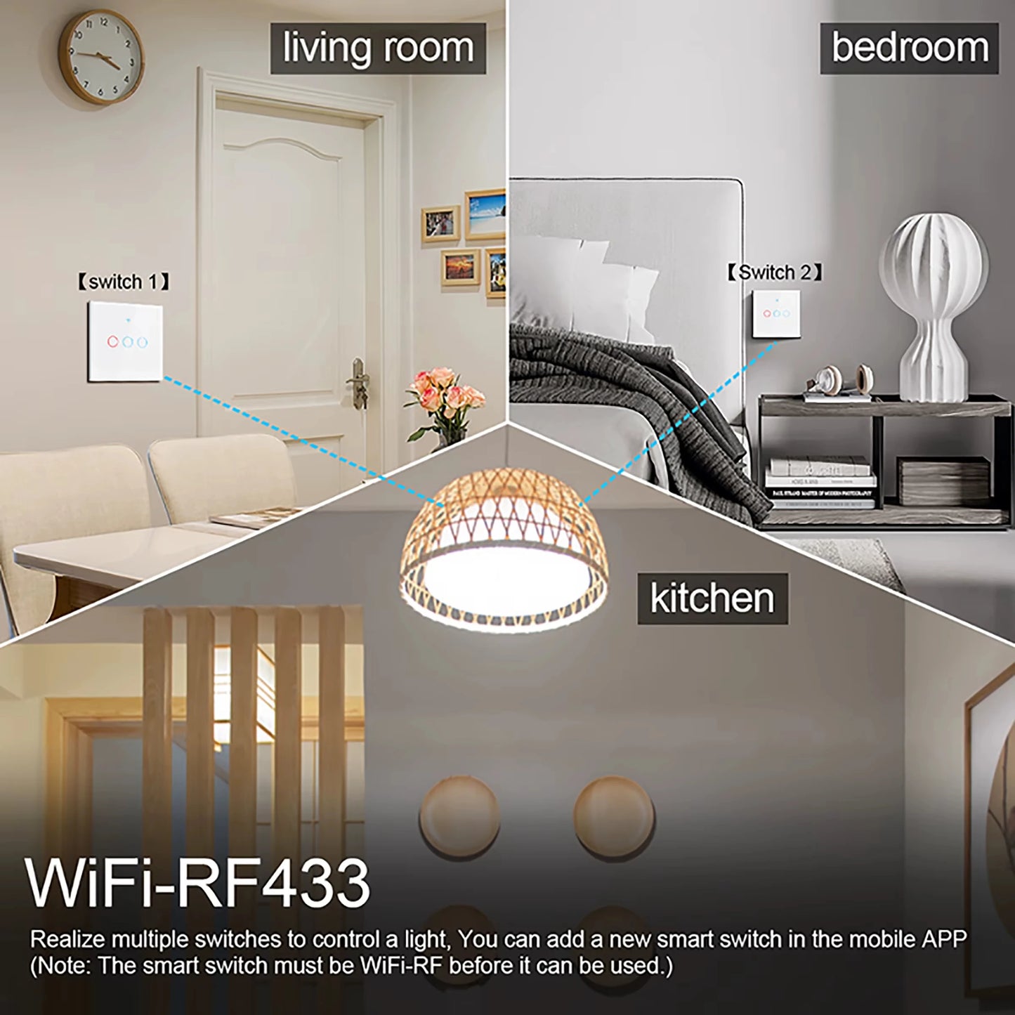 For TUYA Smart Switch Wifi RF433 White Touch Wall Switch EU Standard Timing No Neutral Wire Needed Alexa Google Home App Control